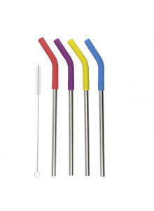 Colourworks Set Of 4 Reusable Metal Straws With Cleaner