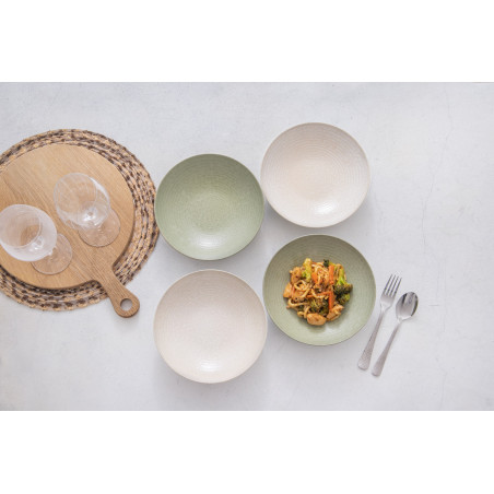 KitchenCraft Set of 4 Glazed Stoneware Pasta Bowls - Green / Cream