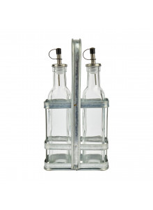 Industrial Kitchen Vintage-Style Glass Oil and Vinegar Cruet Set With Holder