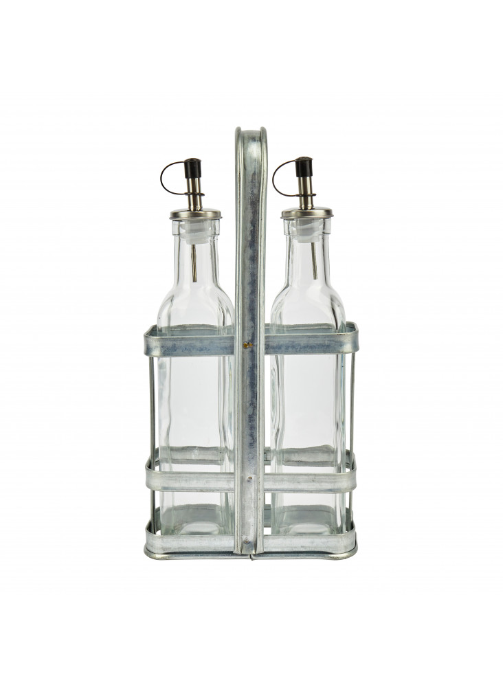 Industrial Kitchen Vintage-Style Glass Oil and Vinegar Cruet Set With Holder Industrial Kitchen Vintage-Style Glass Oil and Vinegar Cruet Set With Holder