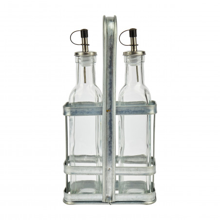 Industrial Kitchen Vintage-Style Glass Oil and Vinegar Cruet Set With Holder
