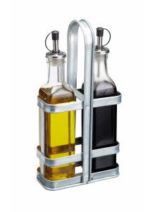 Industrial Kitchen Vintage-Style Glass Oil and Vinegar Cruet Set With Holder