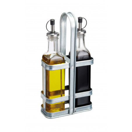 Industrial Kitchen Vintage-Style Glass Oil and Vinegar Cruet Set With Holder