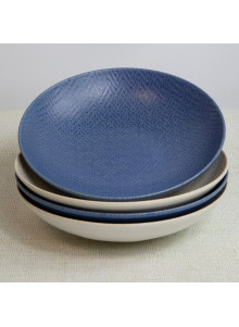 KitchenCraft Set of 4 Glazed Stoneware Pasta Bowls - Embossed Blue / Cream