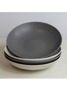 KitchenCraft Set of 4 Glazed Stoneware Pasta Bowls - Embossed Grey / Black