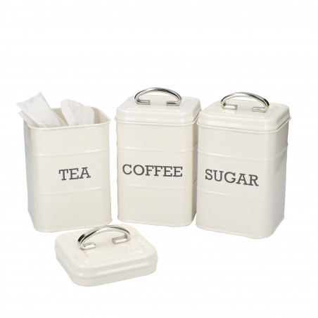 Living Nostalgia Three Piece Tea, Coffee & Sugar Tin Canister Set - Antique Cream