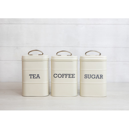 Living Nostalgia Three Piece Tea, Coffee & Sugar Tin Canister Set - Antique Cream