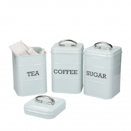 Living Nostalgia Three Piece Tea, Coffee & Sugar Tin Canister Set - Vintage Blue