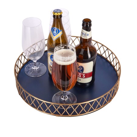 BarCraft Stainless Steel Blue and Brass Finish Serving Tray