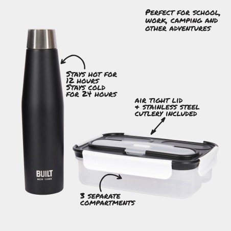 BUILT Apex Insulated Water Bottle and Bento Lunch Box Set (Black)
