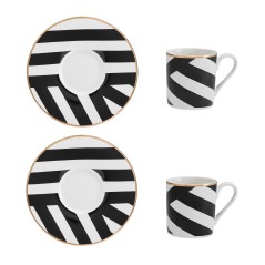 Mikasa Luxe Deco China Espresso Cups and Saucers with Geometric Stripe, Set of 2, 100ml