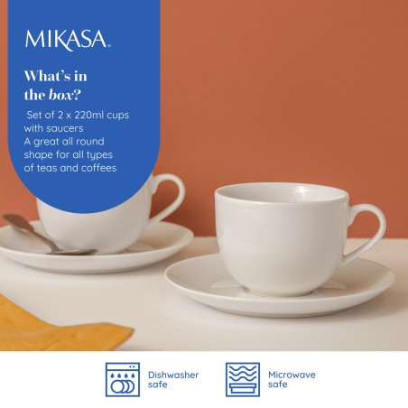 Mikasa Chalk Set of 2 Porcelain Tea Cups and Saucers, 220ml, White
