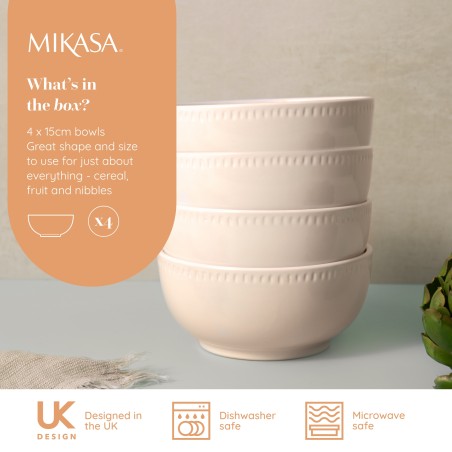 Mikasa Cranborne 4-Piece Stoneware Cereal Bowl Set, 15cm, Cream