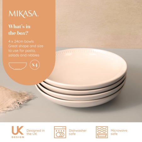 Mikasa Cranborne 4-Piece Stoneware Pasta Bowl Set, 24cm, Cream