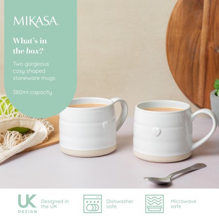 Mikasa Farmhouse Heart Stoneware Mugs, Set of 2, 380ml, White