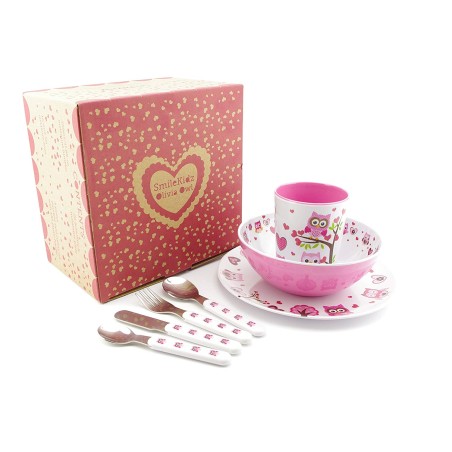 SmileKidz Children's Pink Olivia Owl Cutlery, Plate, Bowl & Cup Eating Gift Set