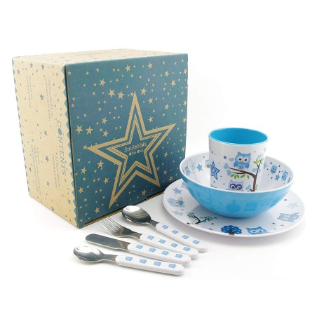SmileKidz Children's Blue Ollie Owl Cutlery, Plate, Bowl & Cup Eating Gift Set