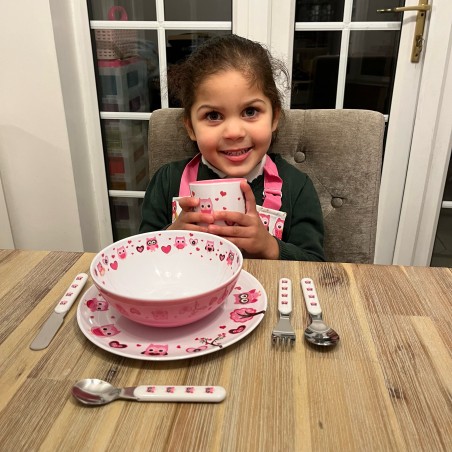 SmileKidz Children's Pink Olivia Owl Cutlery, Plate, Bowl & Cup Eating Gift Set