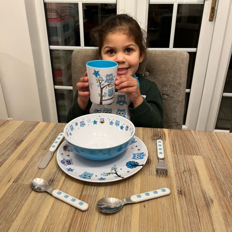 SmileKidz Children's Blue Ollie Owl Cutlery, Plate, Bowl & Cup Eating Gift Set