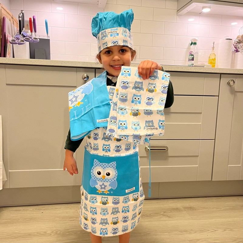SmileKidz Children's Blue Ollie Owl Apron, Chef's Hat & Tea Towel Textile Gift Set SmileKidz Children's Blue Ollie Owl Apron, Chef's Hat & Tea Towel Textile Gift Set