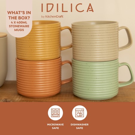 KitchenCraft Idilica Stacking Stoneware Mugs, Set of 4, 400ml