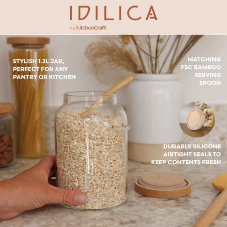 KitchenCraft Idilica Glass Storage Jar with Beechwood Lid and Bamboo Spoon, 1200ml