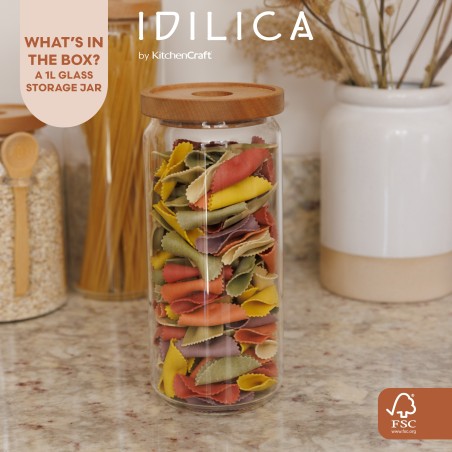 KitchenCraft Idilica Glass Storage Jar with Beechwood Lid, 1000ml