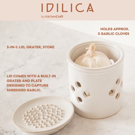 KitchenCraft Idilica Stoneware Garlic Storage with Grater Lid, Cream