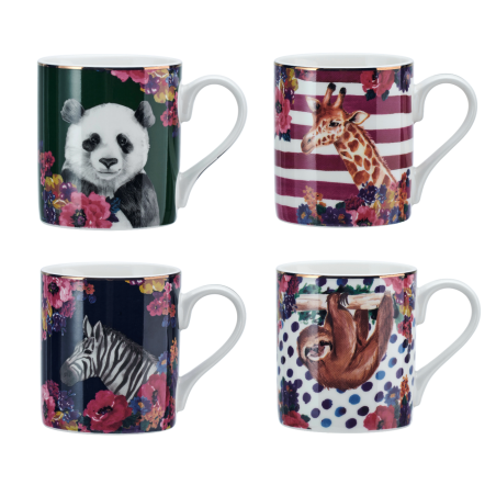Mikasa Wild at Heart Mug Set of Four - Panda, Giraffe, Sloth, Zebra - 280ml